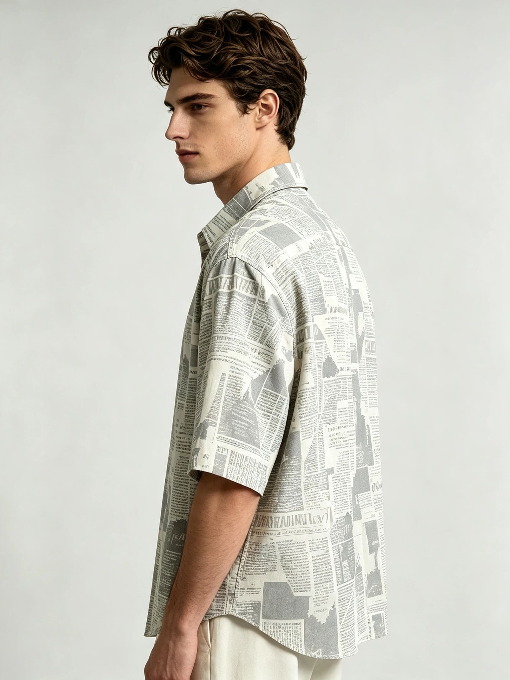 I Heato Men Short Sleeve Shirt Vintage Newspaper Print Grey Tone Summer Blouse