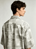 I Heato Men Short Sleeve Shirt Vintage Newspaper Print Grey Tone Summer Blouse