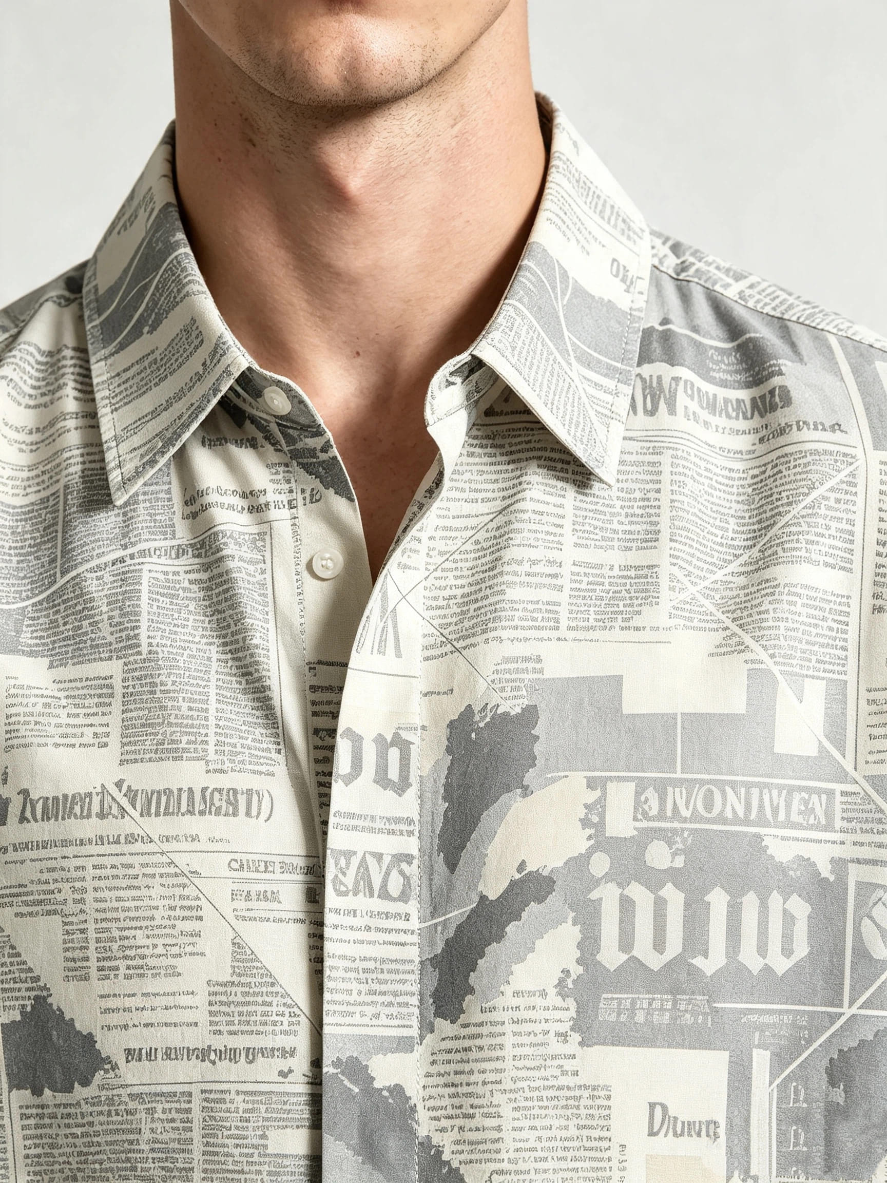 I Heato Men Short Sleeve Shirt Vintage Newspaper Print Grey Tone Summer Blouse