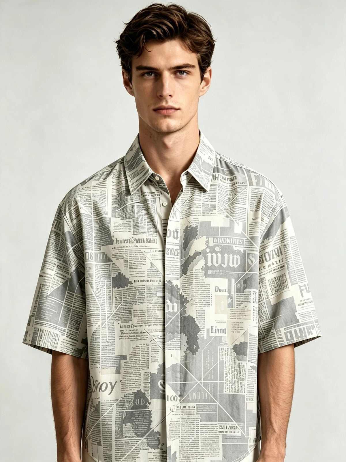 I Heato Men Short Sleeve Shirt Vintage Newspaper Print Grey Tone Summer Blouse