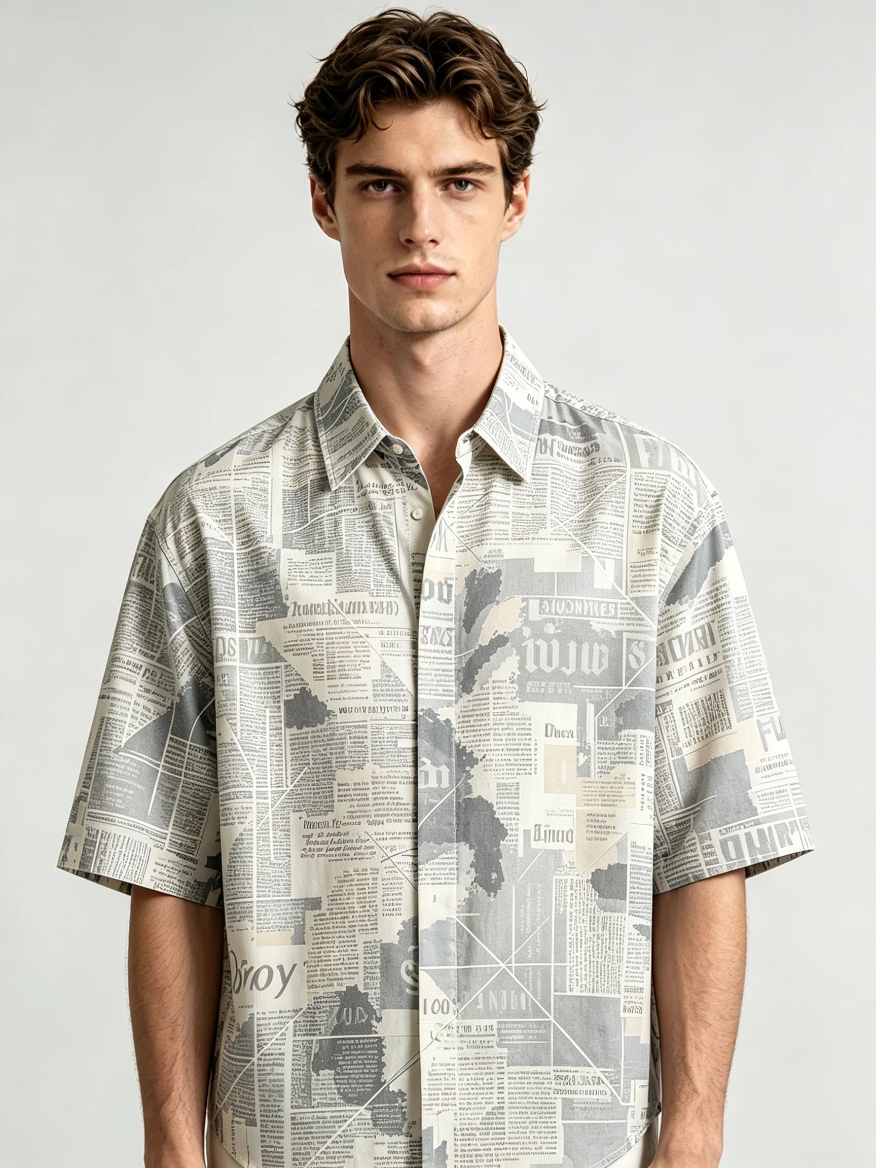 I Heato Men Short Sleeve Shirt Vintage Newspaper Print Grey Tone Summer Blouse