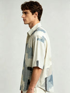 I Heato Men Short Sleeve Shirt Pinstripe Asymmetric Splash Print Summer Blouse