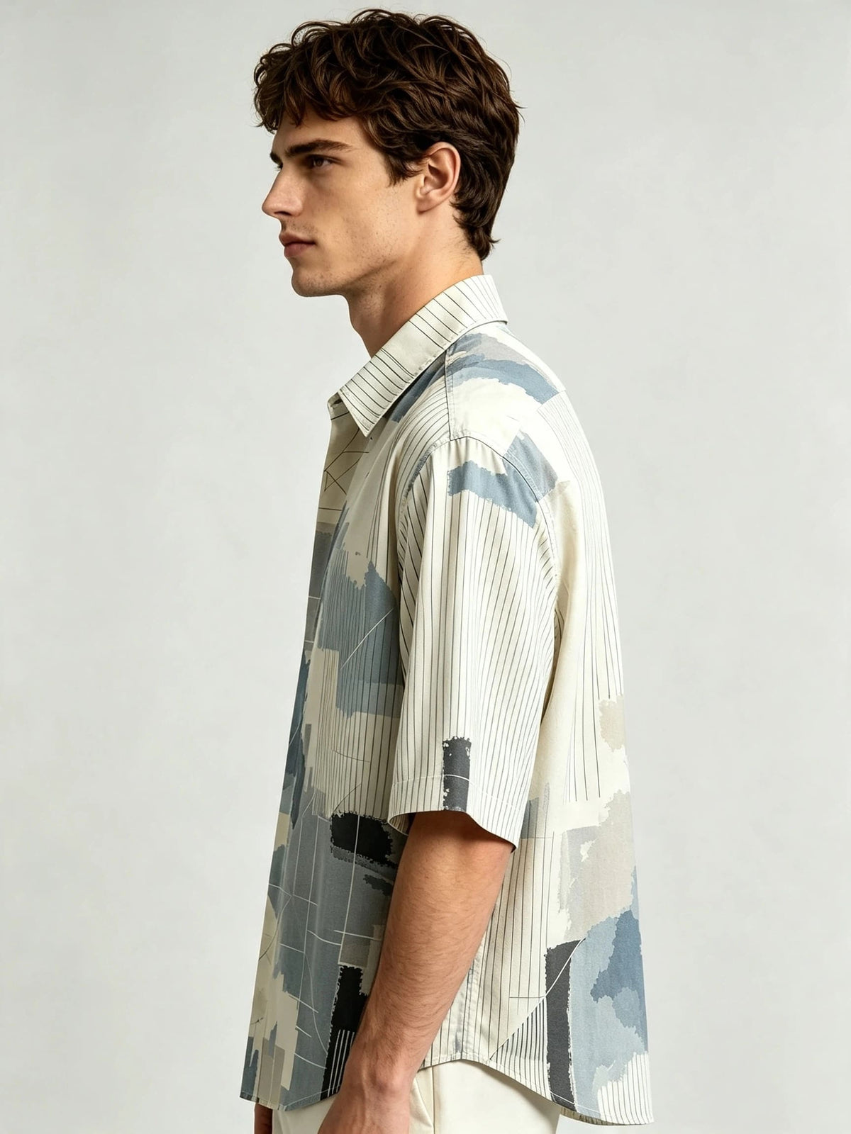 I Heato Men Short Sleeve Shirt Pinstripe Asymmetric Splash Print Summer Blouse