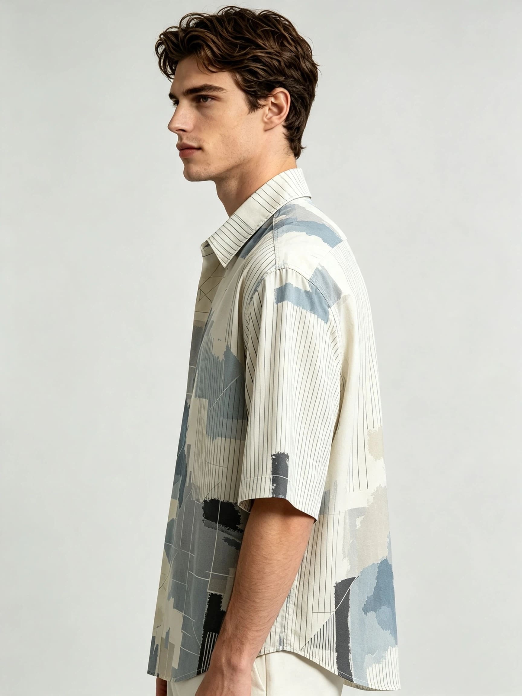 I Heato Men Short Sleeve Shirt Pinstripe Asymmetric Splash Print Summer Blouse
