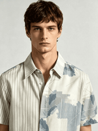 I Heato Men Short Sleeve Shirt Pinstripe Asymmetric Splash Print Summer Blouse