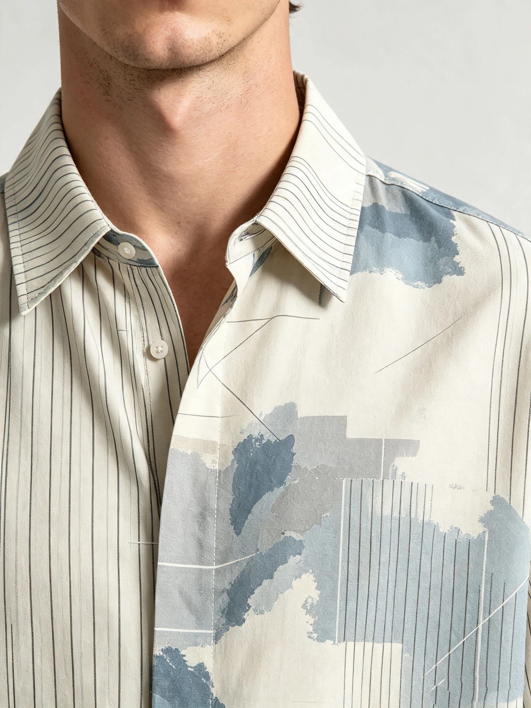 I Heato Men Short Sleeve Shirt Pinstripe Asymmetric Splash Print Summer Blouse