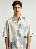 I Heato Men Short Sleeve Shirt Pinstripe Asymmetric Splash Print Summer Blouse