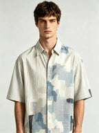 I Heato Men Short Sleeve Shirt Pinstripe Asymmetric Splash Print Summer Blouse