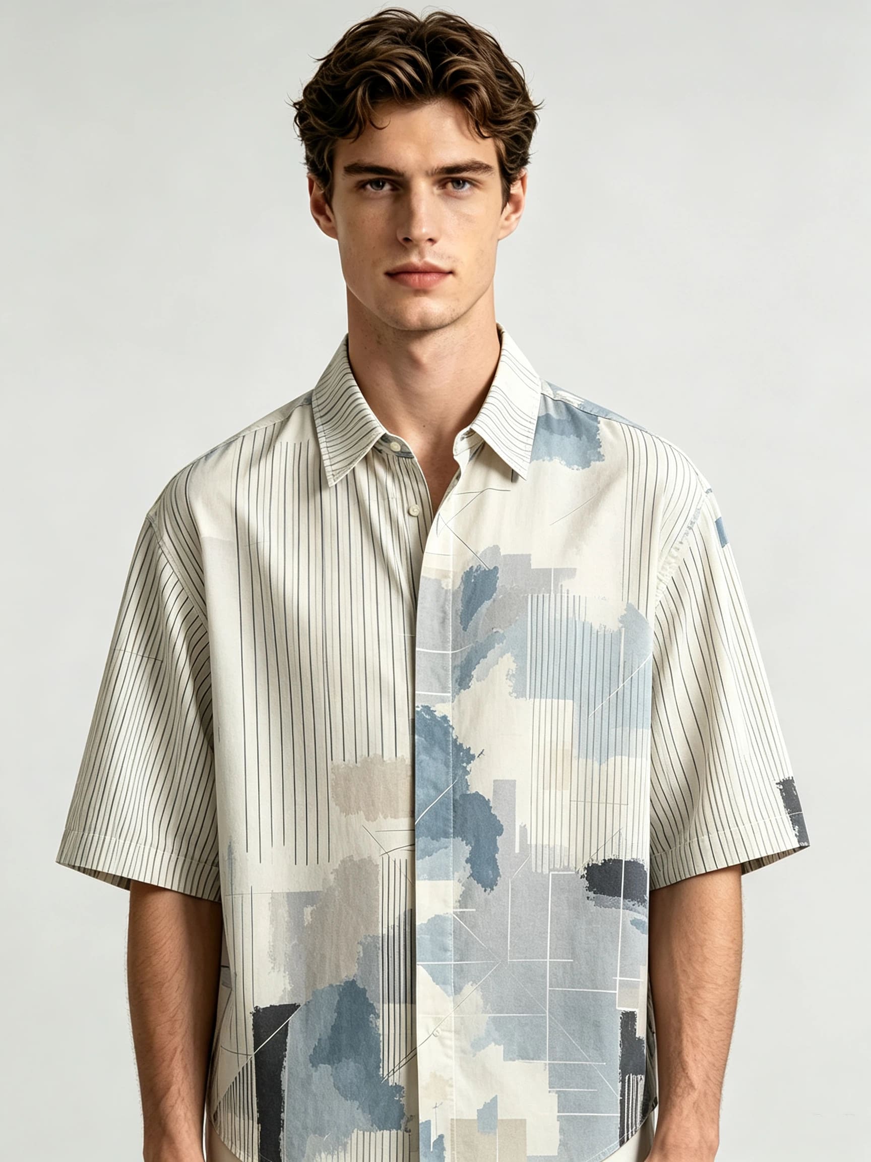 I Heato Men Short Sleeve Shirt Pinstripe Asymmetric Splash Print Summer Blouse