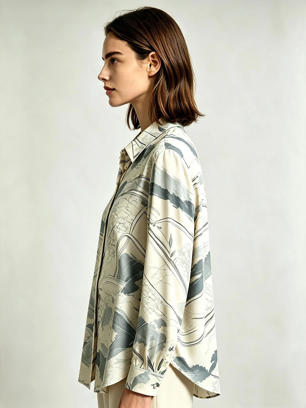 I Heato Women Ink Blue Abstract Landscape Blouse Classic Collar Cream Long Sleeve Shirt