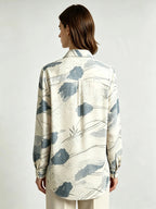 I Heato Women Ink Blue Abstract Landscape Blouse Classic Collar Cream Long Sleeve Shirt