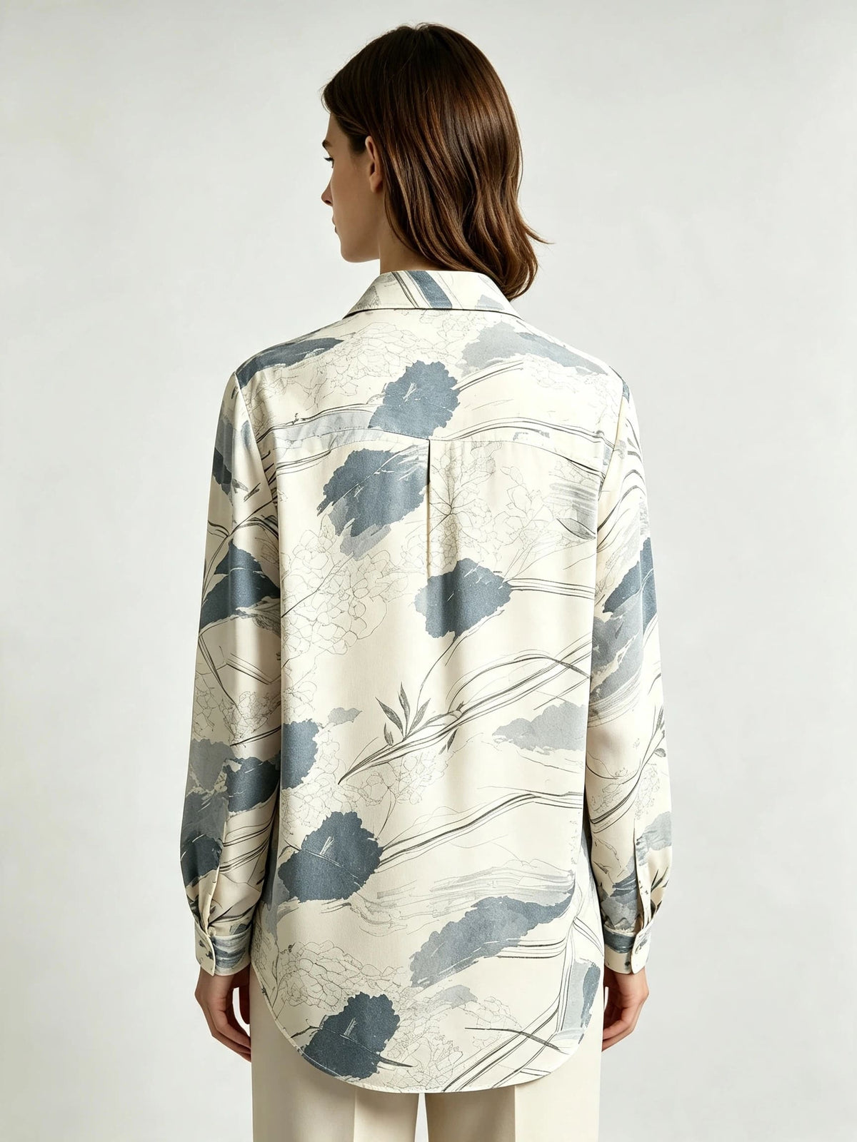 I Heato Women Ink Blue Abstract Landscape Blouse Classic Collar Cream Long Sleeve Shirt