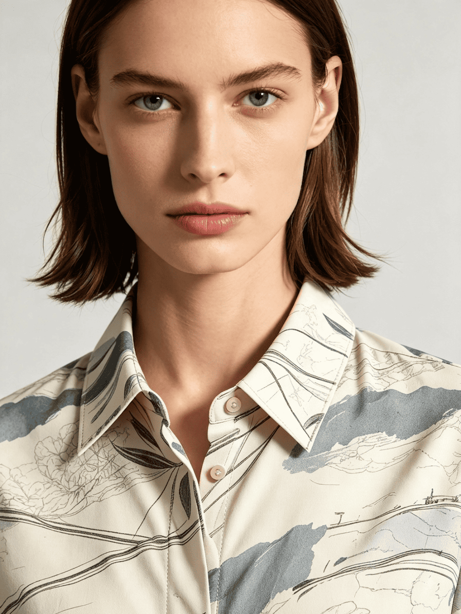 I Heato Women Ink Blue Abstract Landscape Blouse Classic Collar Cream Long Sleeve Shirt