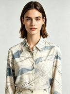 I Heato Women Ink Blue Abstract Landscape Blouse Classic Collar Cream Long Sleeve Shirt