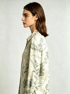 I Heato Women Sage Green Olive Leaf Printed Blouse Classic Cream Long Sleeve Shirt