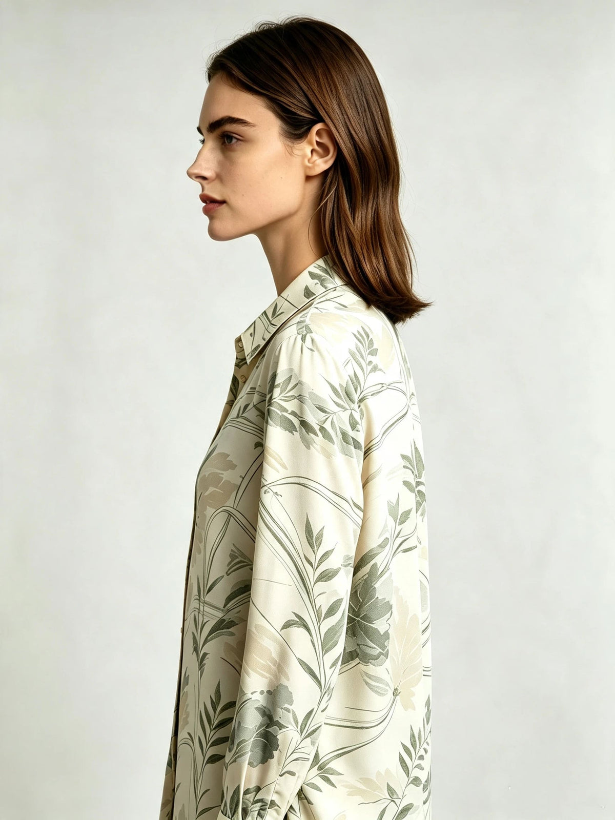 I Heato Women Sage Green Olive Leaf Printed Blouse Classic Cream Long Sleeve Shirt