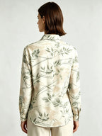 I Heato Women Sage Green Olive Leaf Printed Blouse Classic Cream Long Sleeve Shirt