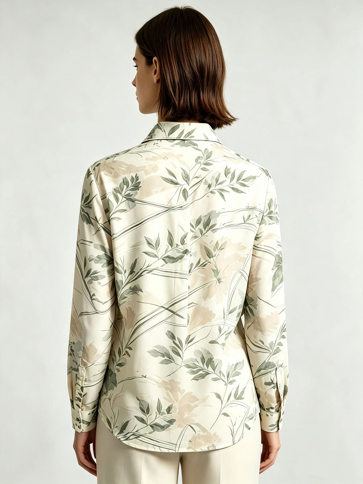 I Heato Women Sage Green Olive Leaf Printed Blouse Classic Cream Long Sleeve Shirt