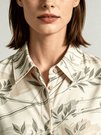 I Heato Women Sage Green Olive Leaf Printed Blouse Classic Cream Long Sleeve Shirt