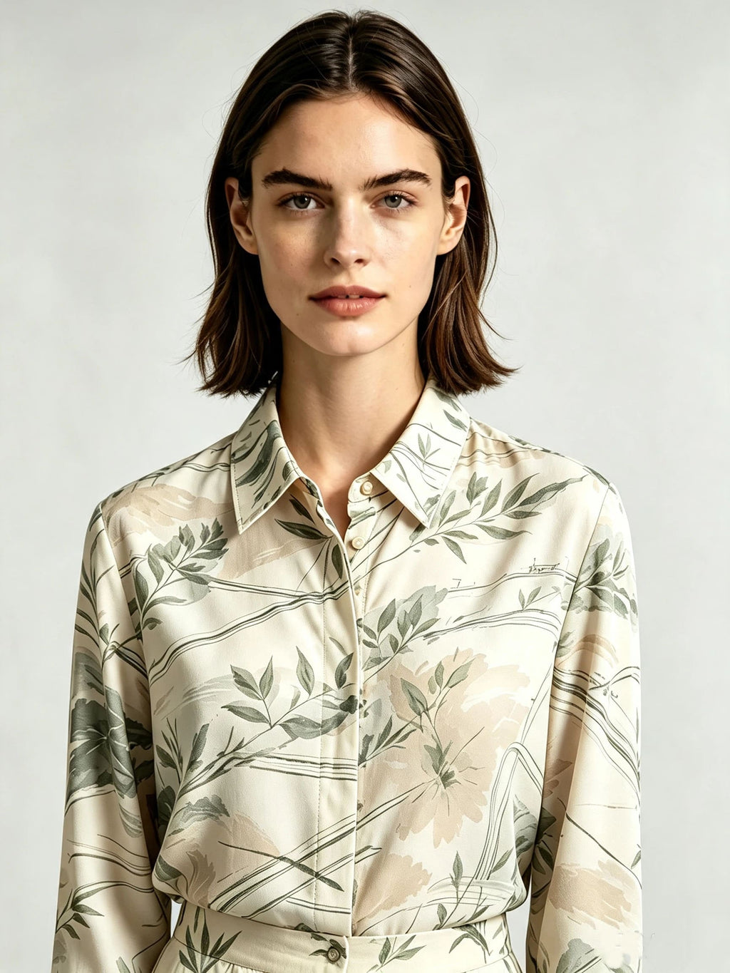 I Heato Women Sage Green Olive Leaf Printed Blouse Classic Cream Long Sleeve Shirt